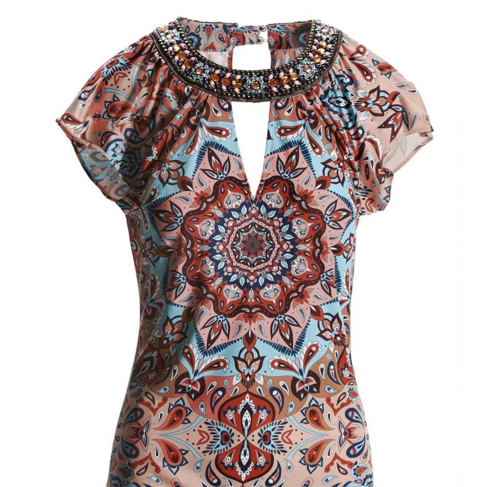Boston Proper Embellished Flutter Sleeve Keyhole Print Top Sz Med